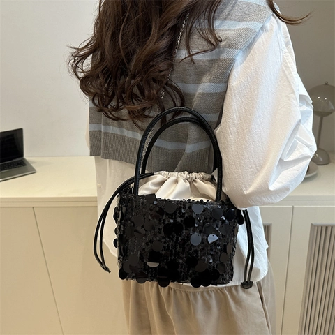 Bolso de Cubo con Lentejuelas de Moda para Mujer Bolso de Hombro Cruzado con Bolsa Interior con Cordón Bolso de Fiesta Metálico