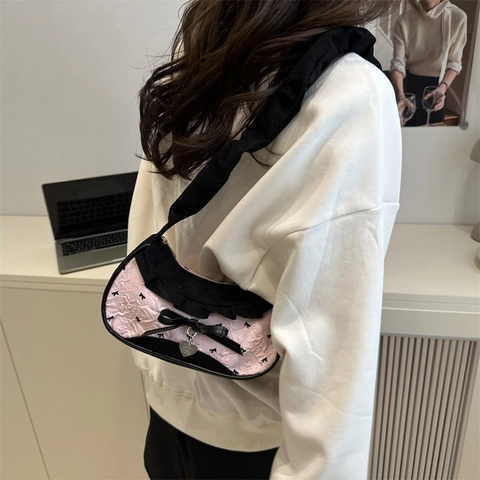 Damen Süß Retro Umhängetasche Denim Patchwork Spitze Achseltasche Floral Katze Druck Segeltuch Tote Tasche Mode Tasche