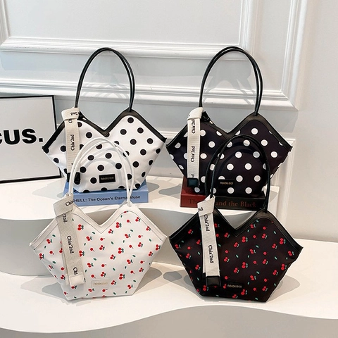 Bolso Tote de Gran Capacidad para Mujer Tela de PU Cuello en V Estampado de Cerezas y Lunares Bolso de Hombro Moda Casual