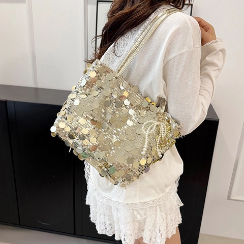 Bolso de Hombro de Lentejuelas Brillantes de Moda para Mujer Bolso Tote de Gran Capacidad Con Colgante de Lazo de Perla Artificial