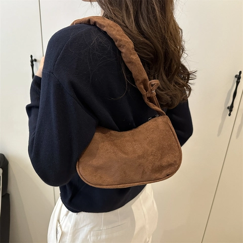 Vintage Faux Suede Pleated Underarm Bag For Women Korean Style Bow Decoration Shoulder Bag Solid Color Elegant Handbag