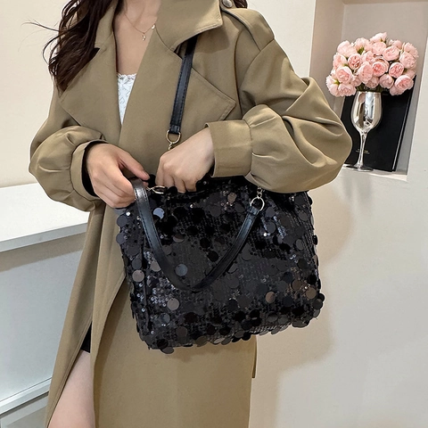 Damen Mode Pailletten Schultertasche Große Kapazität Tote Mit Kette Glitzer Metallic Pailletten Handtasche Für Party Alltag