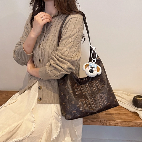Bolso Tote Vintage con Estampado de Letras para Mujer 2025 Otoño Moda de Cuero PU Bolso de Hombro Hobo Gran Capacidad Casual Axila