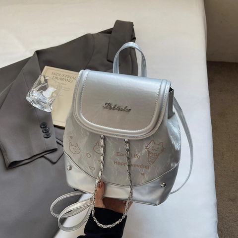 Damen Stilvoller Mini PU Leder Rucksack Cartoon Katze Druck Patchwork Denim Schultasche Kleiner Rucksack Mit Kettendekor