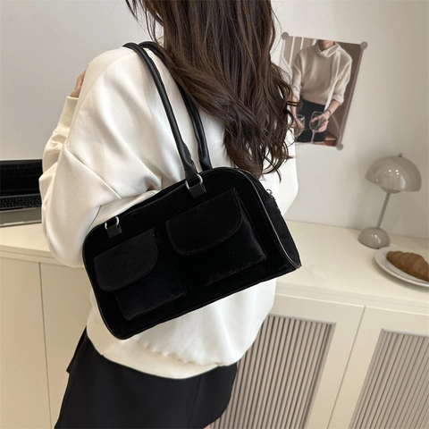 Borsa a Spalla in Pelle Sintetica Smerigliata Vintage per Donna Borsa Sottobraccio Retrò Con Tasche Frontali Borsa da Pendolare Elegante