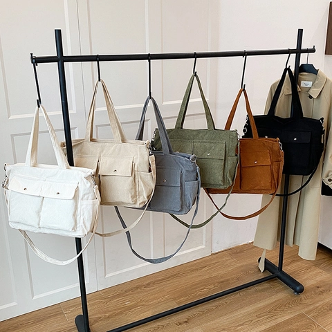 Borsa Tote in Velluto a Coste di Grande Capacità da Donna Borsa a Tracolla Casual con Costine Vintage e Multitasche per Scuola Lavoro