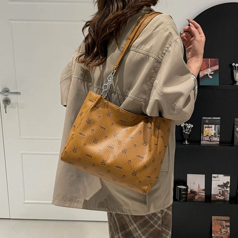 Bolso Tote de Cuero PU de Gran Capacidad para Mujer Estampado de Letras de Dibujos Animados Correa de Cadena Moda Vintage