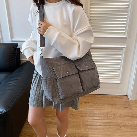 Borsa Tote in Velluto a Coste di Grande Capacità da Donna Borsa a Tracolla Casual con Costine Vintage e Multitasche per Scuola Lavoro