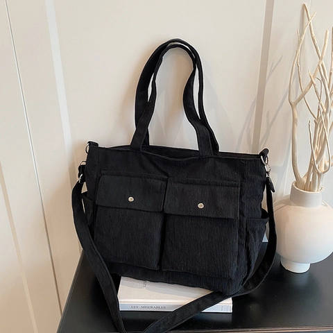 Large Capacity Corduroy Tote Bag For Women Minimalist Multi Pocket Shoulder Bag Casual Commuter Crossbody Bag Handbag