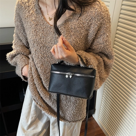Borsa a Tracolla Vanity da Donna in Pelle PU con Trama Litchi Elegante Cerniera a Cuore Piccola Borsa a Mano a Scatola Moda Quotidiana