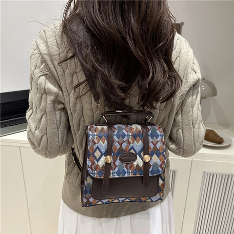 Vintage Geometric Diamond Pattern Backpack For Women PU Leather Patchwork Jacquard Fabric Small Casual Fashion Niche Backpack