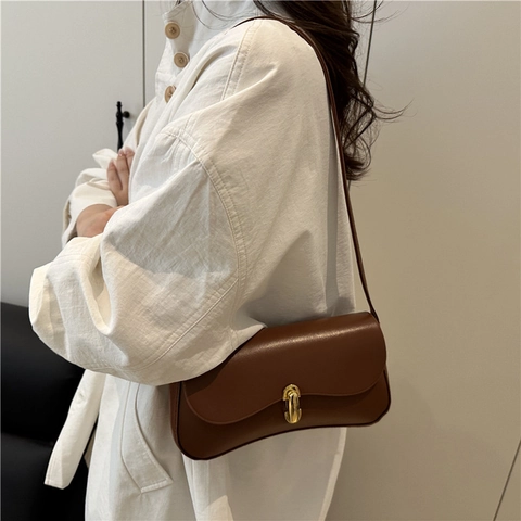 Bolso de Hombro de Axila de Cuero PU Minimalista para Mujer Bolso Baguette Retro de Color Sólido con Hebilla de Bloqueo de Metal Dorado Bolso Casual de Moda