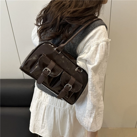 Retro High Gloss PU Pillow Shoulder Bag For Women Street Trend Underarm Bag With Double Front Buckle Pockets Solid Color Trendy Handbag