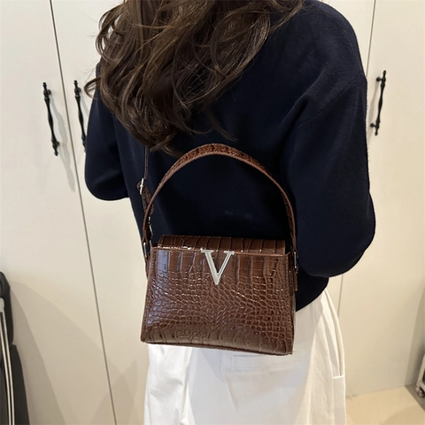 Borsa a Spalla in PU a Motivo Coccodrillo da Donna Retrò Elegante Piccola Borsa a Tracolla Quadrata Con Fibbia a V in Metallo
