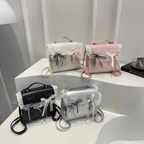 Zainetto da Donna in Pelle PU Con Bordo in Pizzo Fiocco Stile Lolita Kawaii Borsa a Tracolla di Moda Per Uso Quotidiano Festa