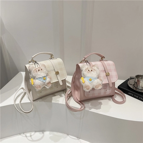 Trendy Women Mini Plaid Backpack Sweet PU Leather Small Shoulder Bag With Bear Keychain Cartoon Animal Print Casual Daypack