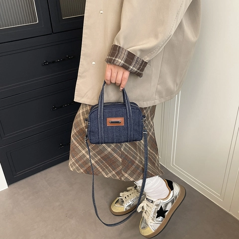 Denim Contrast Stitching Shoulder Bag Retro Small Square Crossbody Bag With Adjustable Strap For Women Fashion Handbag