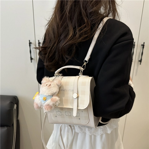 Trendy Women Mini Plaid Backpack Sweet PU Leather Small Shoulder Bag With Bear Keychain Cartoon Animal Print Casual Daypack