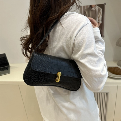 Krokodilmuster PU Leder Baguette Tasche Französische Vintage Unterarm Schultertasche Mit Goldener Metallschnalle Damen