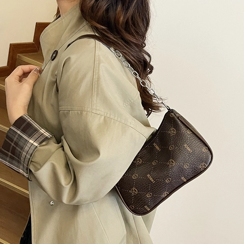 Damen Vintage PU Leder Unterarm Umhängetasche Litschimuster Cartoon Tier Druck Metallkette Riemen Kleine Quadratische Tasche Casual Hobo Tasche