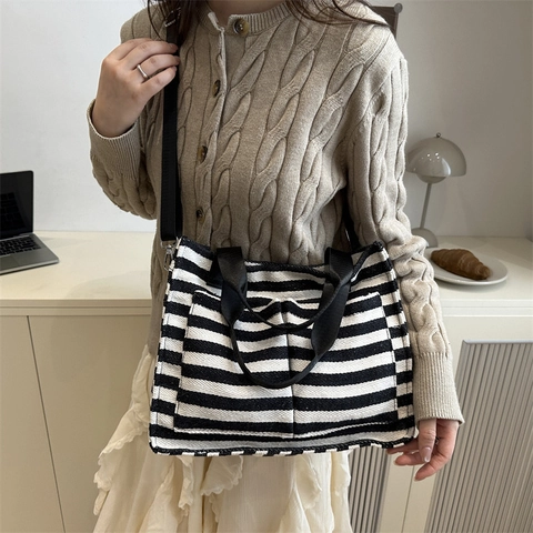 Damen Casual Gestreifte Segeltuch Tragetasche Große Kapazität Schulter Umhängetasche Verstellbarer Riemen Multi Pocket Handtasche