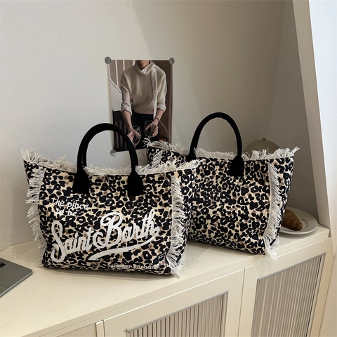 Große Kapazität Leopardenmuster Segeltuch Tote-Tasche Quaste Fransen Kante Retro Einfach Umhängetasche Lässig Urlaub Damen Handtasche