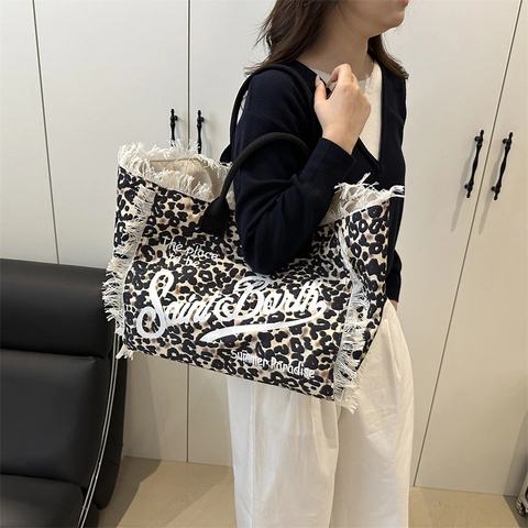 Große Kapazität Leopardenmuster Segeltuch Tote-Tasche Quaste Fransen Kante Retro Einfach Umhängetasche Lässig Urlaub Damen Handtasche