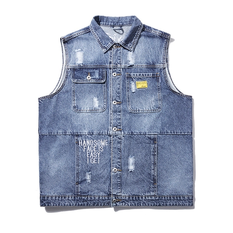 Gilet di Denim da Uomo Retro Taglie Forti Giacca Senza Maniche Comoda Ricamo Tigre Streetwear Bottoni Cotone Lavato