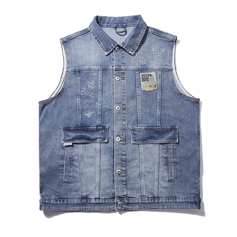 Gilet di Jeans Oversize da Uomo Lavato Blu Senza Maniche Con Ricamo Pesante Motivo Ape Corona Gilet Casual Comodo