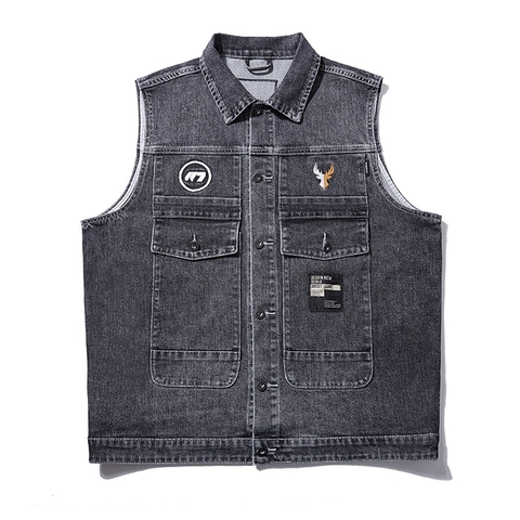 Men's Heavy Embroidery Denim Vest Loose Fit Washed Cotton Blend Sleeveless Jacket Tiger Head Streetwear Casual Waistcoat