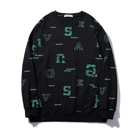 Felpa da Uomo Oversize in Misto Cotone con Stampa di Lettere Verdi Girocollo a Maniche Lunghe Nero Pullover Streetwear Casual