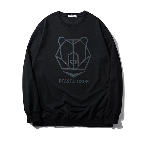 Sudadera de Talla Grande para Hombre Estampado de Oso Geométrico Reflectante Cuello Redondo Pullover de Mezcla de Algodón
