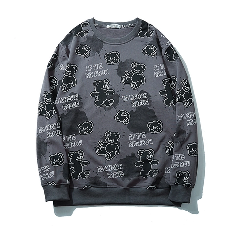 Sweat-Shirt Grande Taille Pour Homme Col Rond Mélange De Coton Imprimé Ours De Dessin Animé Manches Longues Streetwear Décontracté Large Pullover Automne