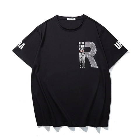 T-shirt grande taille pour hommes avec impression de lettres en strass en coton respirant manches courtes décontracté noir