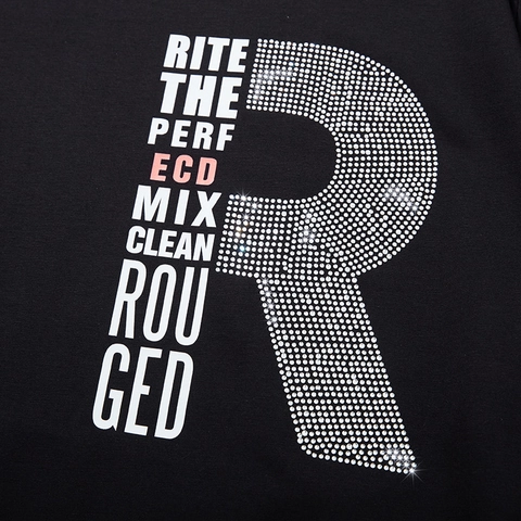 T-shirt grande taille pour hommes avec impression de lettres en strass en coton respirant manches courtes décontracté noir