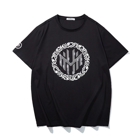 T-Shirt Grande Taille en Mélange de Coton pour Hommes Strass à Chaud Imprimé Lettres Géométriques Manches Courtes Décontracté