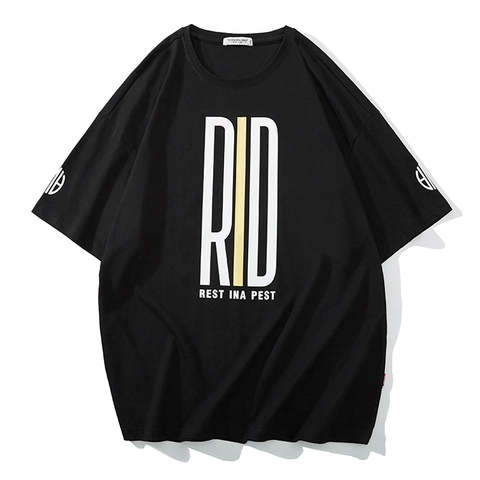 Herren Übergröße Streetwear Baumwolle T-Shirt Lockere Passform Überschnittene Schulter Kurzarm Top Mit RID Print Schwarz Sommer Lässig