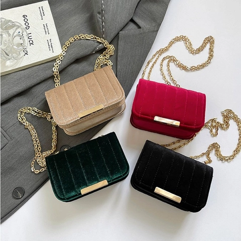 Dames Fluweel Verticaal Gewatteerde Schoudertas Mode Gouden Ketting Kleine Vierkante Crossbody Tas Retro Elegante Clutch