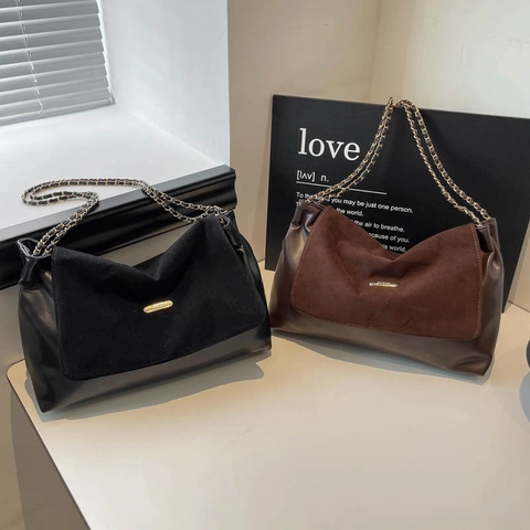 Women PU Leather Suede Patchwork Shoulder Bag Gold Chain Strap Flap Underarm Bag Minimalist Square Tote Daily Handbag