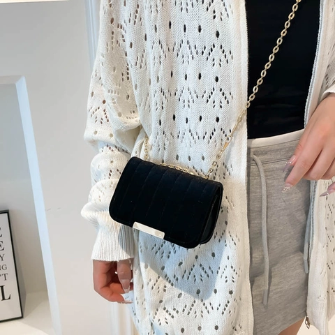 Dames Fluweel Verticaal Gewatteerde Schoudertas Mode Gouden Ketting Kleine Vierkante Crossbody Tas Retro Elegante Clutch