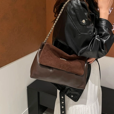 Women Large Capacity Shoulder Bag Patchwork PU Leather Suede Tote Bag Metal Chain Strap Casual Vintage Crossbody Handbag