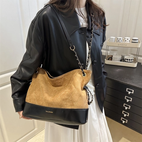 Borsa Tote Retro Scamosciato PU Patchwork Donna Grande Capacità Motivo Rombi Tracolla Catena Metallo Borsa alla Moda