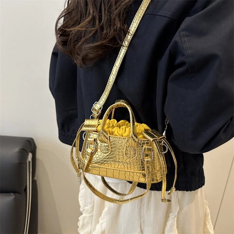 Damen Krokodil Prägung PU Leder Beuteltasche Minimalistische Schulter Umhängetasche Mit Kordelzug Innentasche Lässige Handtasche