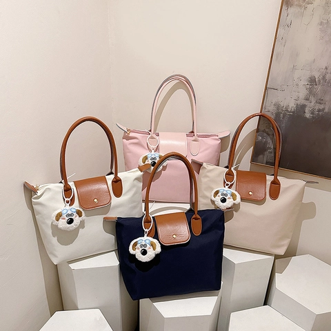 Fashion Women Large Capacity Oxford Cloth Tote Bag With Plush Dog Charm Casual Shoulder Bag Nylon Shopping Handbag For Autumn Winter