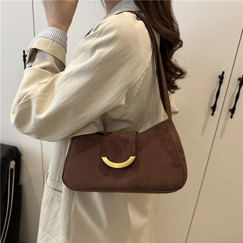 Dames Vintage PU-Lederen Schoudertas Met Gouden Halve Maan Gesp Minimalistische Franse Retro Underarm Tas Kleine Vierkante Handtas