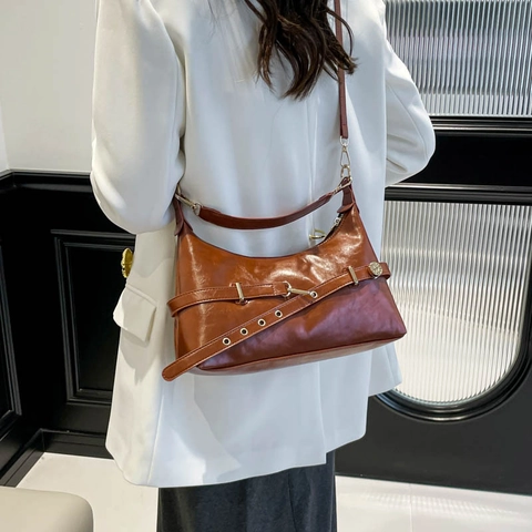 Fashion Women Hobo Shoulder Bag Shiny PU Leather Retro Solid Color Adjustable Strap Underarm Purse Daily Handbag