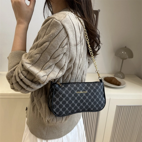 Vintage Altes Blumenmuster Unterarmtasche Für Damen PU Leder Schultertasche Kleine Quadratische Tasche Mit Goldener Kette Stilvoll