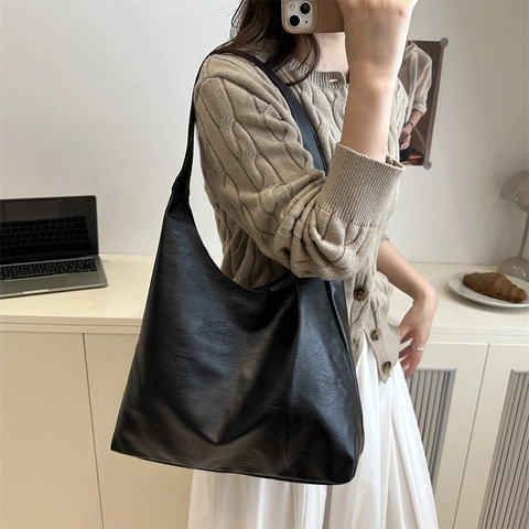 Sac Fourre-tout en Cuir PU pour Femmes Grande Capacité Rétro Minimaliste Sac à Épaule Hobo Style Urbain Surpiqûre Sac à Main de Déplacement