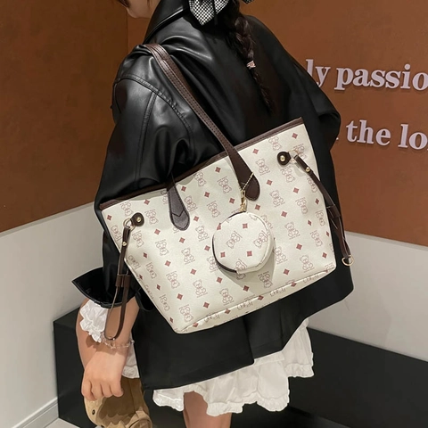 Grand Sac Cabas en Cuir PU Imprimé Motif Ours Avec Mini Pochette Ronde pour Femme Sac à Épaule Vintage Quotidien