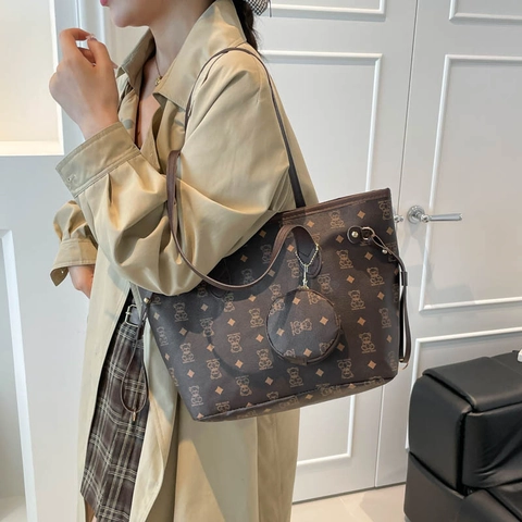 Mode Bär Druck Große Kapazität Tote Bag Für Damen PU Leder Set Mit Geldbörse Casual Schultertasche Handtasche Street Style